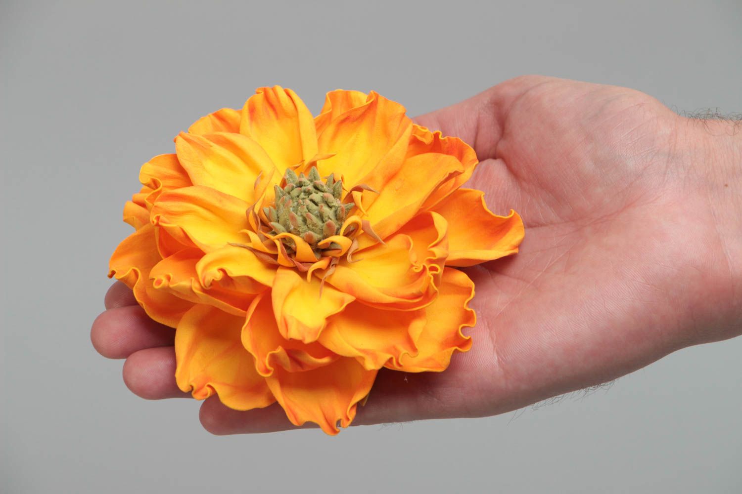 Yellow handmade designer textile foamiran flower for brooch or hair clip making photo 5