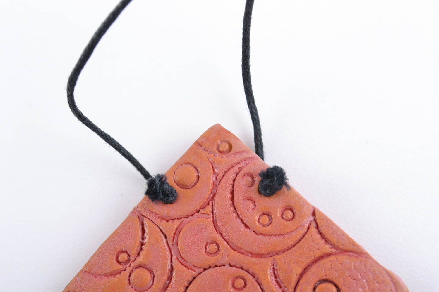 Handmade square ceramic ethnic pendant necklace with relief ornament for women photo 3
