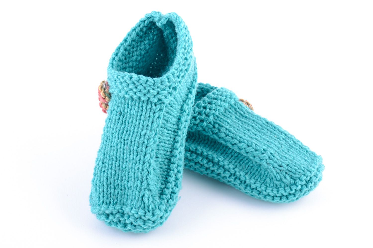 Beautiful handmade knitted warm half-woolen slippers of turquoise color for women photo 2