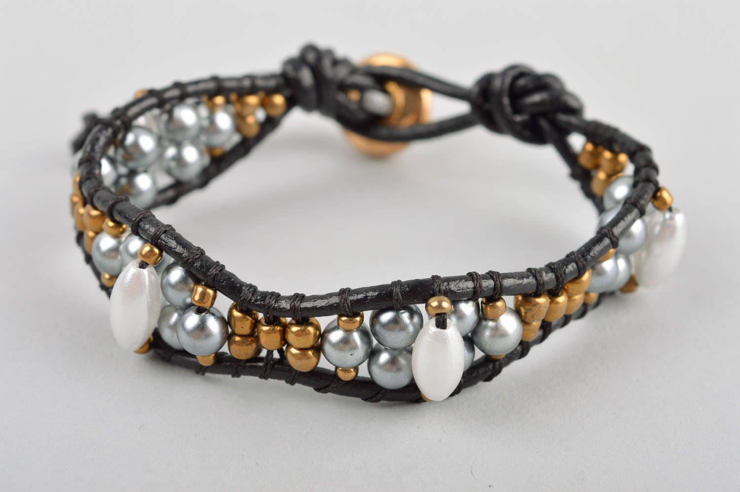 Bracelet perles rocaille design Bijou fait main cuir original Accessoire femme photo 2