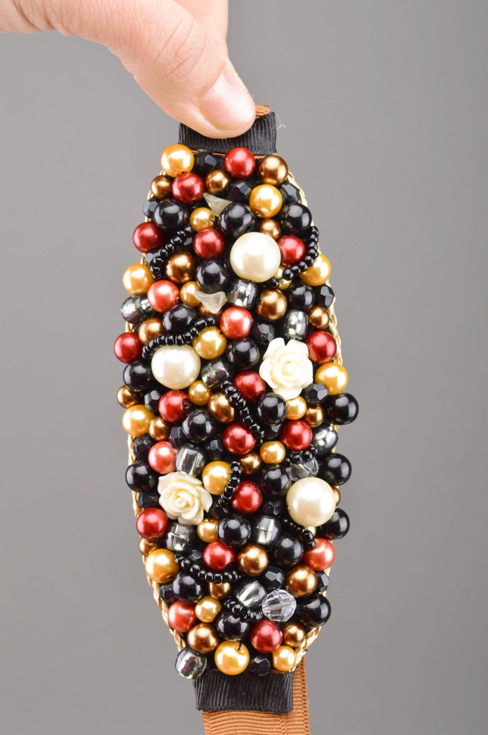 Handmade dark bead embroidered wrist bracelet with felt basis and ribbons  photo 3