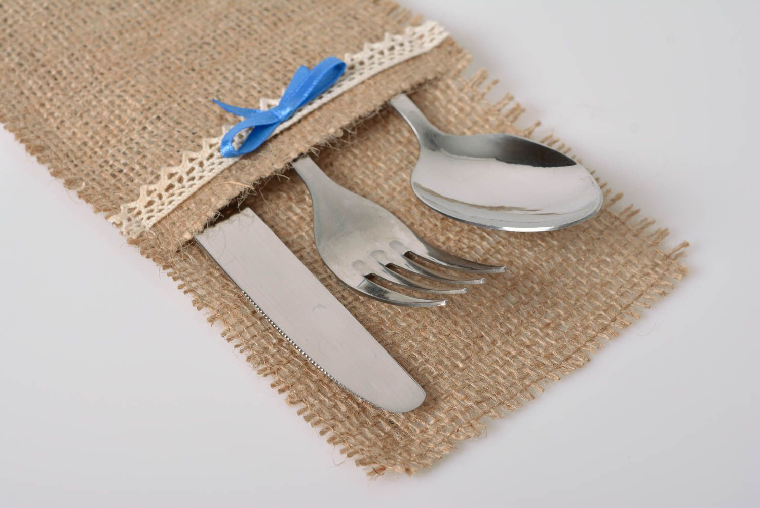 Beautiful handmade decorative case for cutlery made of burlap with lace for home photo 3