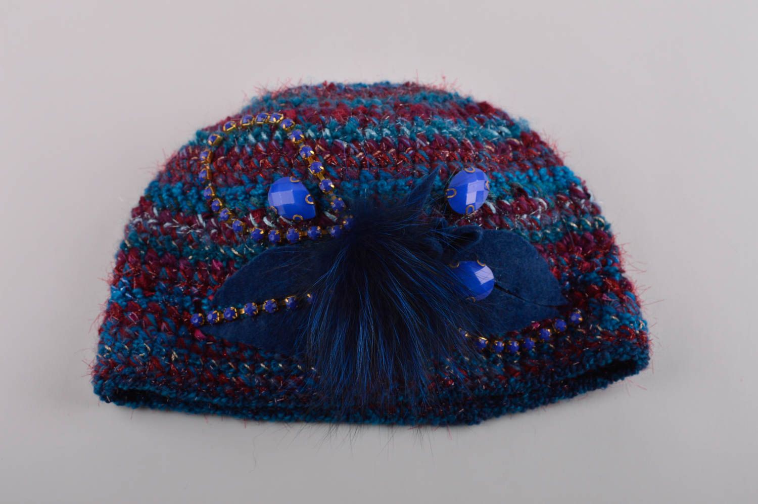 Зимняя шапка ручной работы теплая шапка нарядная шерстяная шапка синяя фото 6