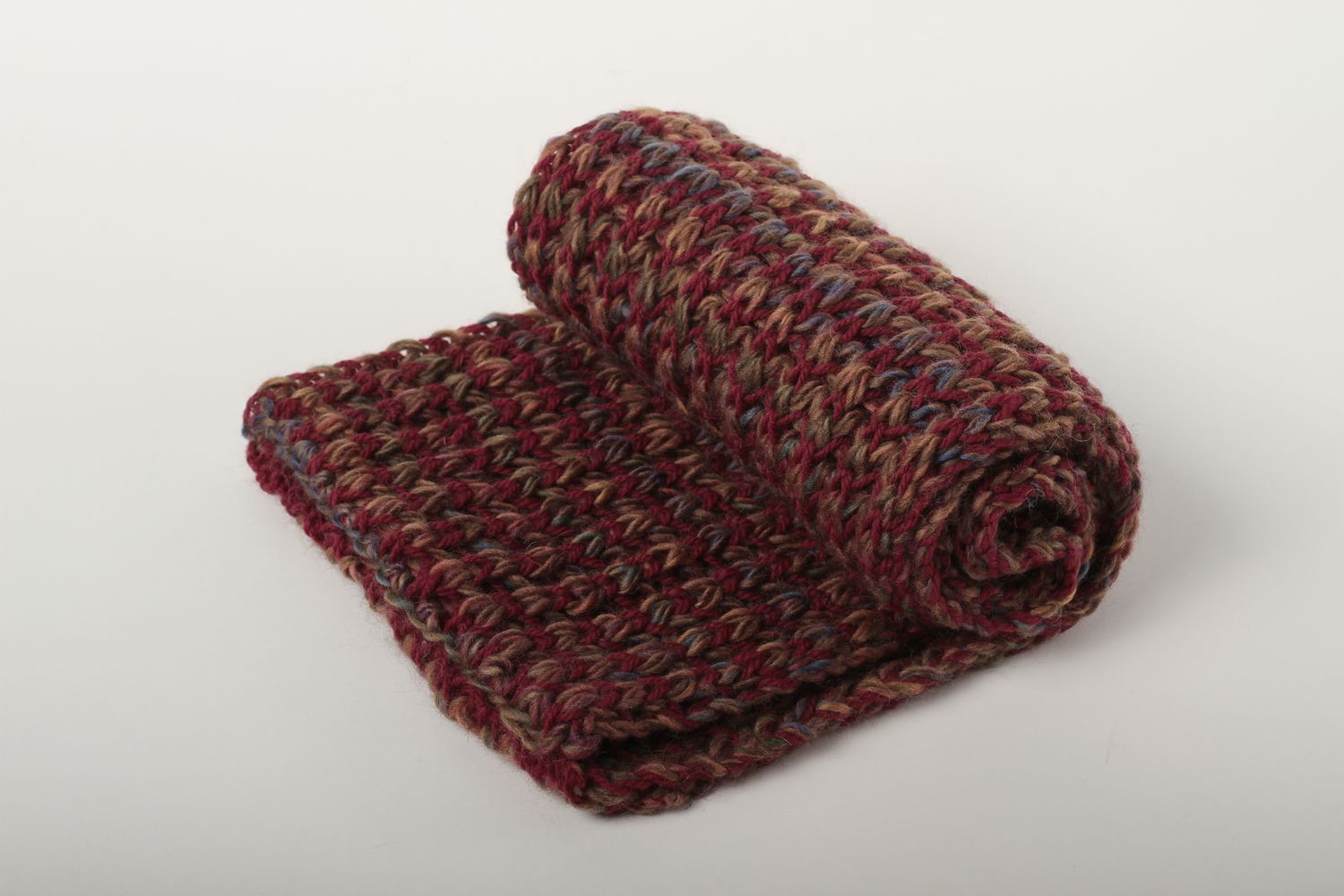 Écharpe au tricot faite main Vêtement femme homme marron-rouge laine Idée cadeau photo 2