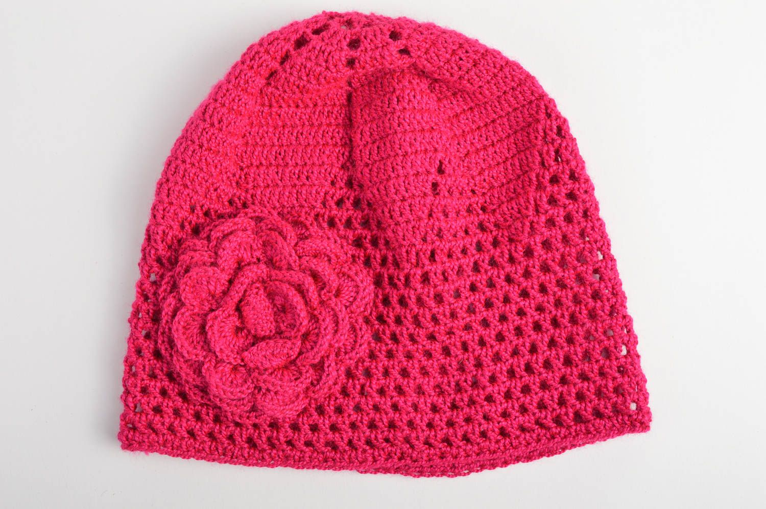 Bonnet tricot fait main Chapeau au crochet Vêtement enfant ajouré avec fleur photo 3