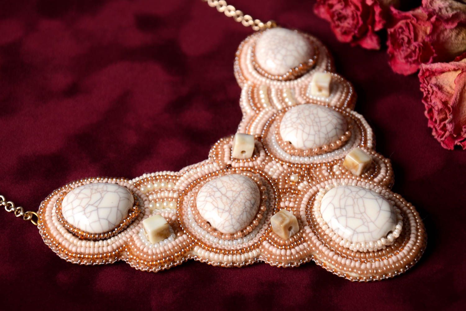 Handmade massive necklace unusual beige jewelry evening feminine accessory photo 1