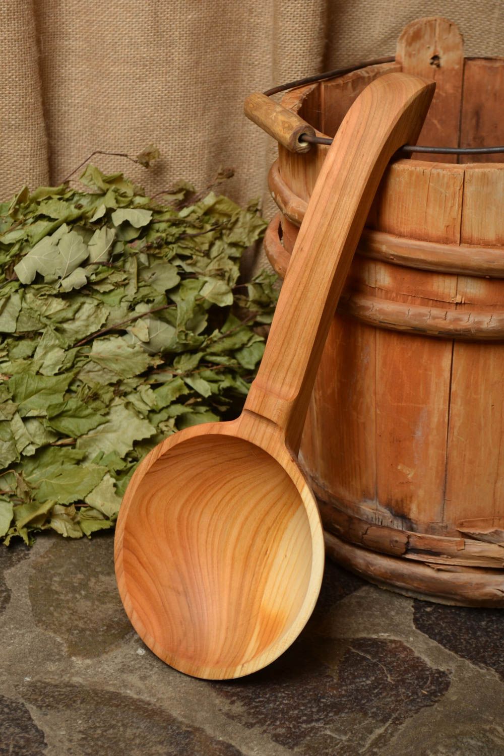 Handmade convenient large natural light wooden ladle for water for sauna photo 1