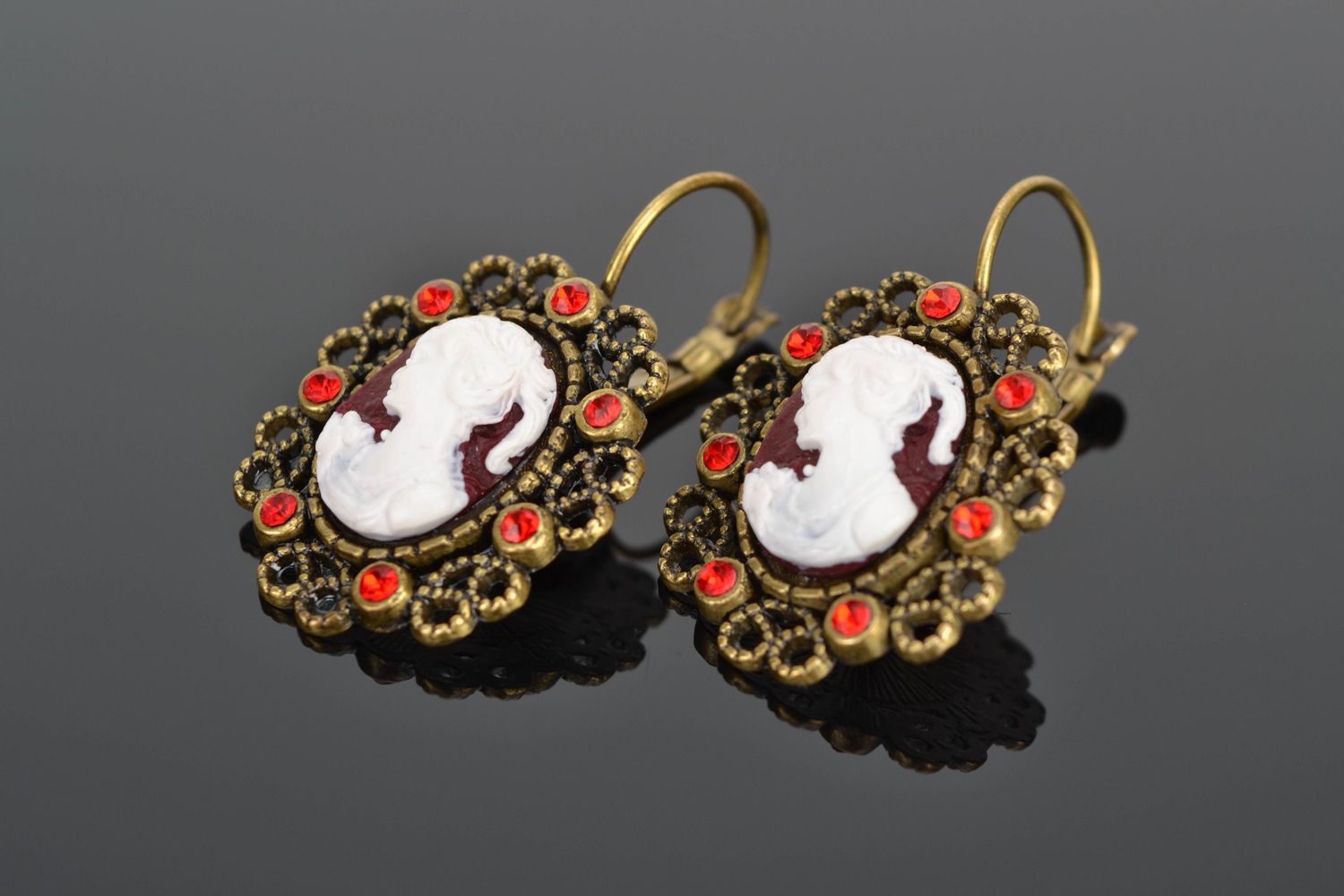 Polymer clay earrings with charms Claret Cameo photo 1