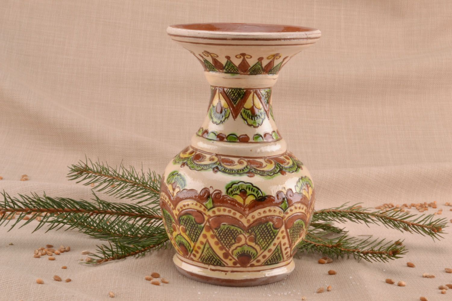 Village style beige & green handmade clay glazed small vase for home décor 6, 1,32 lb photo 1