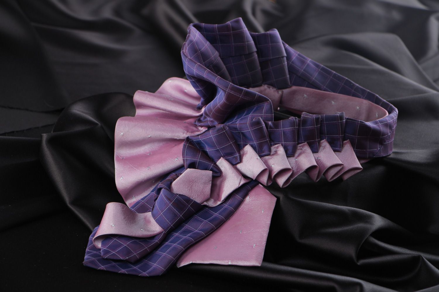 Handmade necklace sewn of men's silk and satin neck ties in violet color palette photo 1