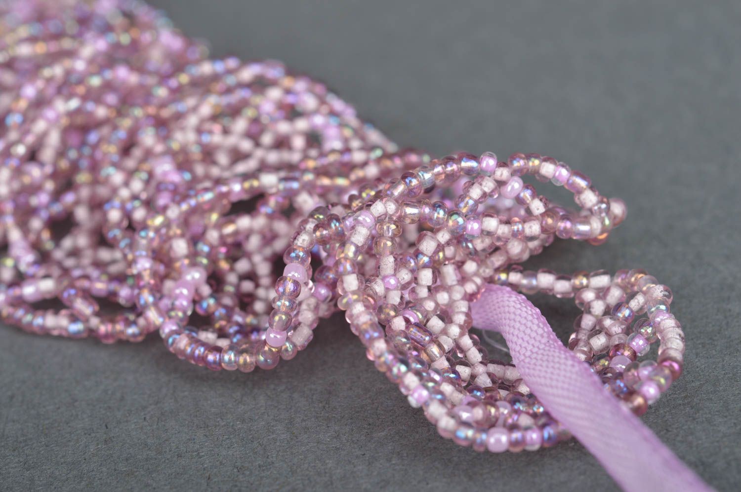 Beautiful handmade designer lilac beaded lace bracelet with ribbons photo 4