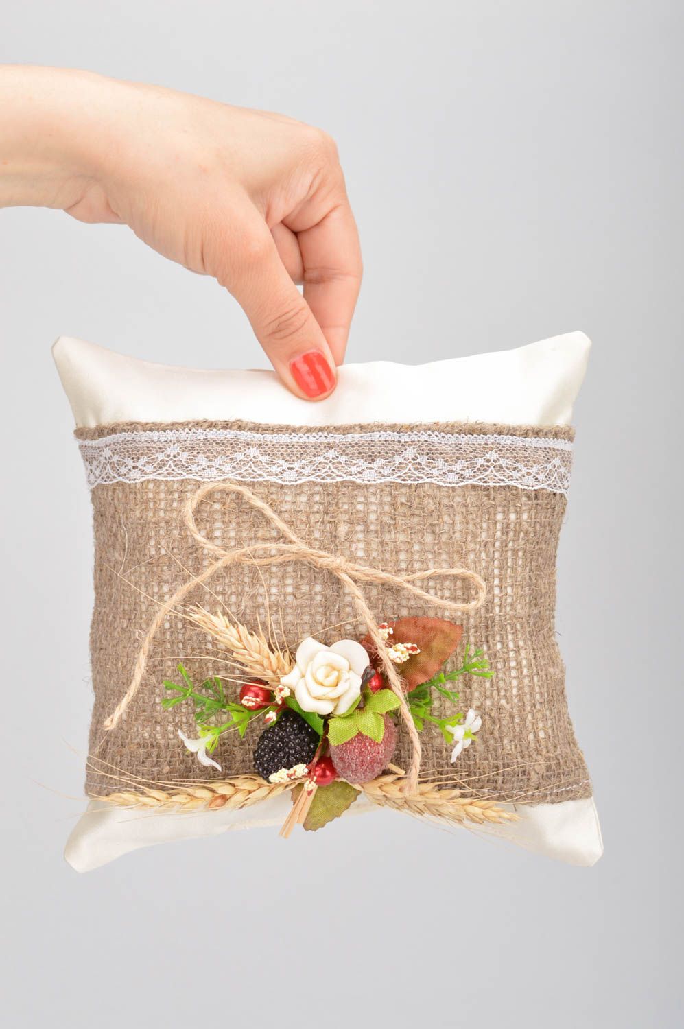 Handmade designer satin fabric ring pillow with flowers in country style photo 3