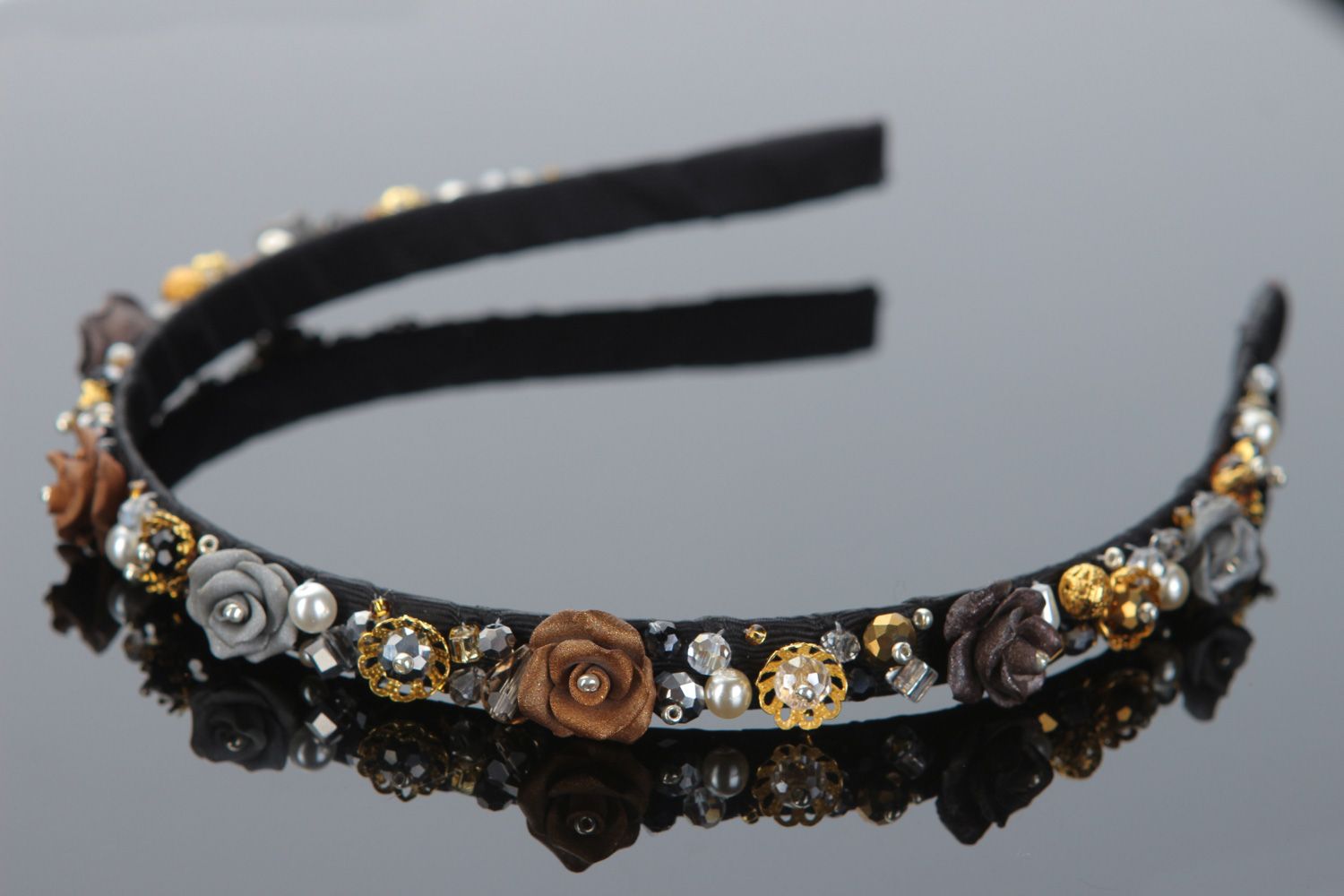Handmade festive headband embroidered with beads of black color for ladies photo 2