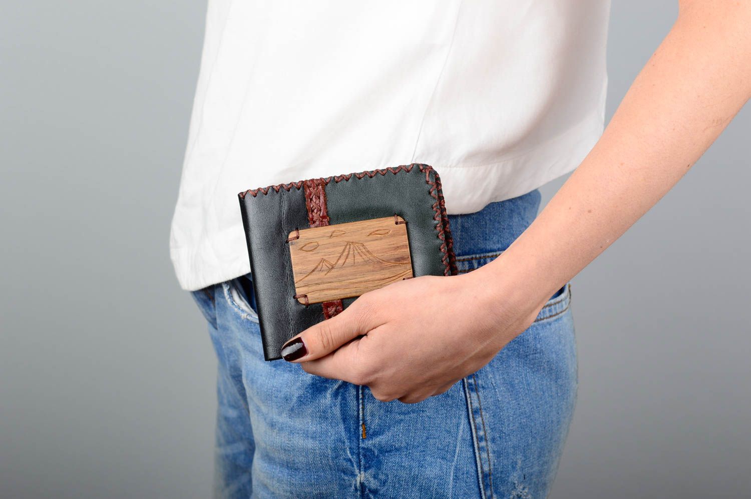 Кожаный кошелек портмоне прямоугольный горизонтальный темный ручная работа фото 5