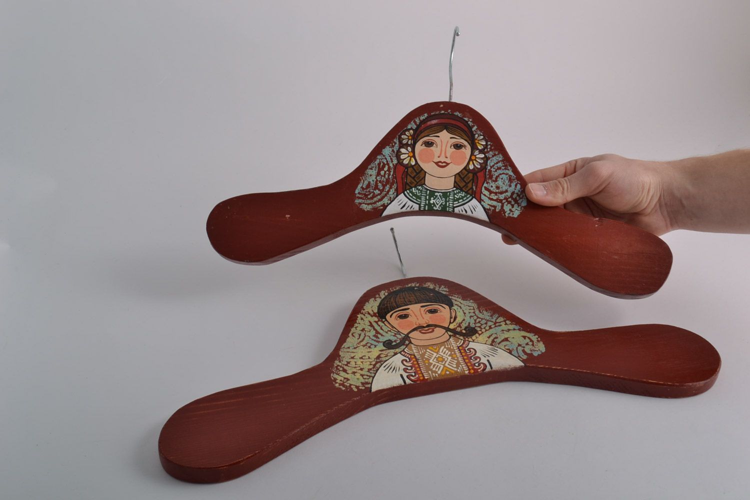 Set of 2 natural wood clothes hangers with designer acrylic painting handmade photo 5