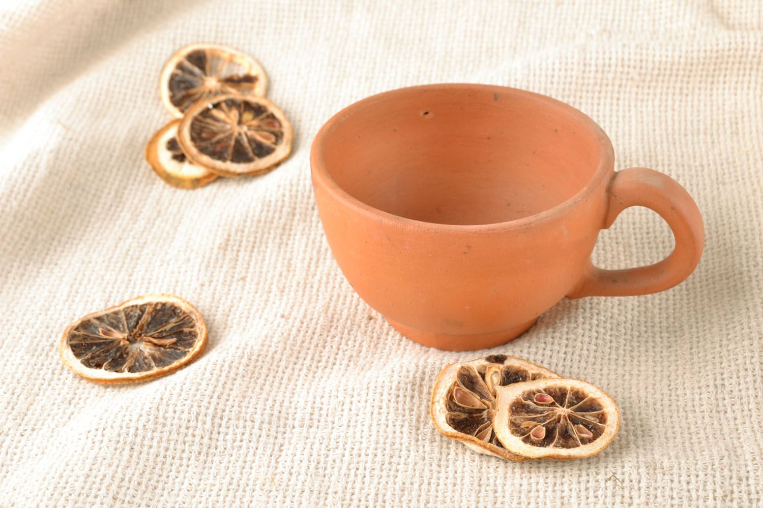Clay flat 5 oz coffee cup in terracotta color with handle and sunflower pattern photo 5