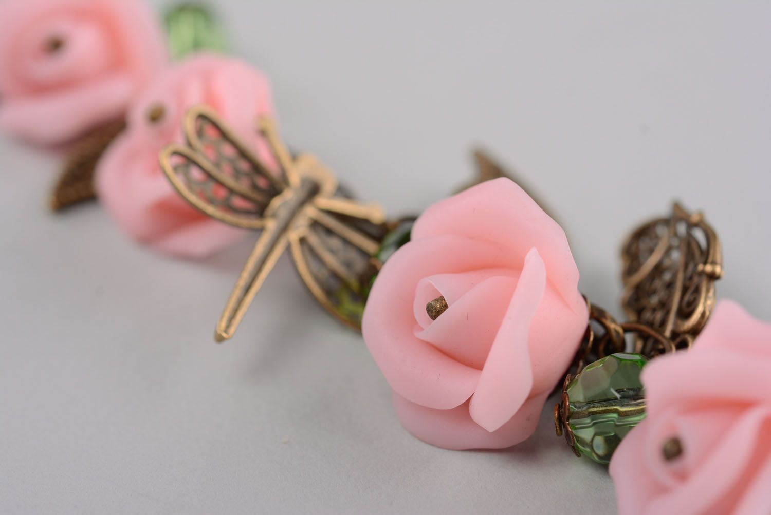 Large pink roses and bronze butterflies charm bracelet for mom photo 4