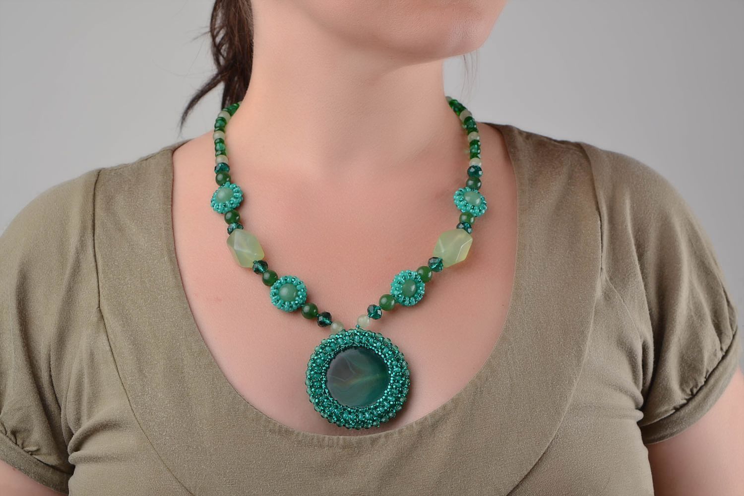 Handmade beaded necklace with natural stones long green designer accessory photo 1