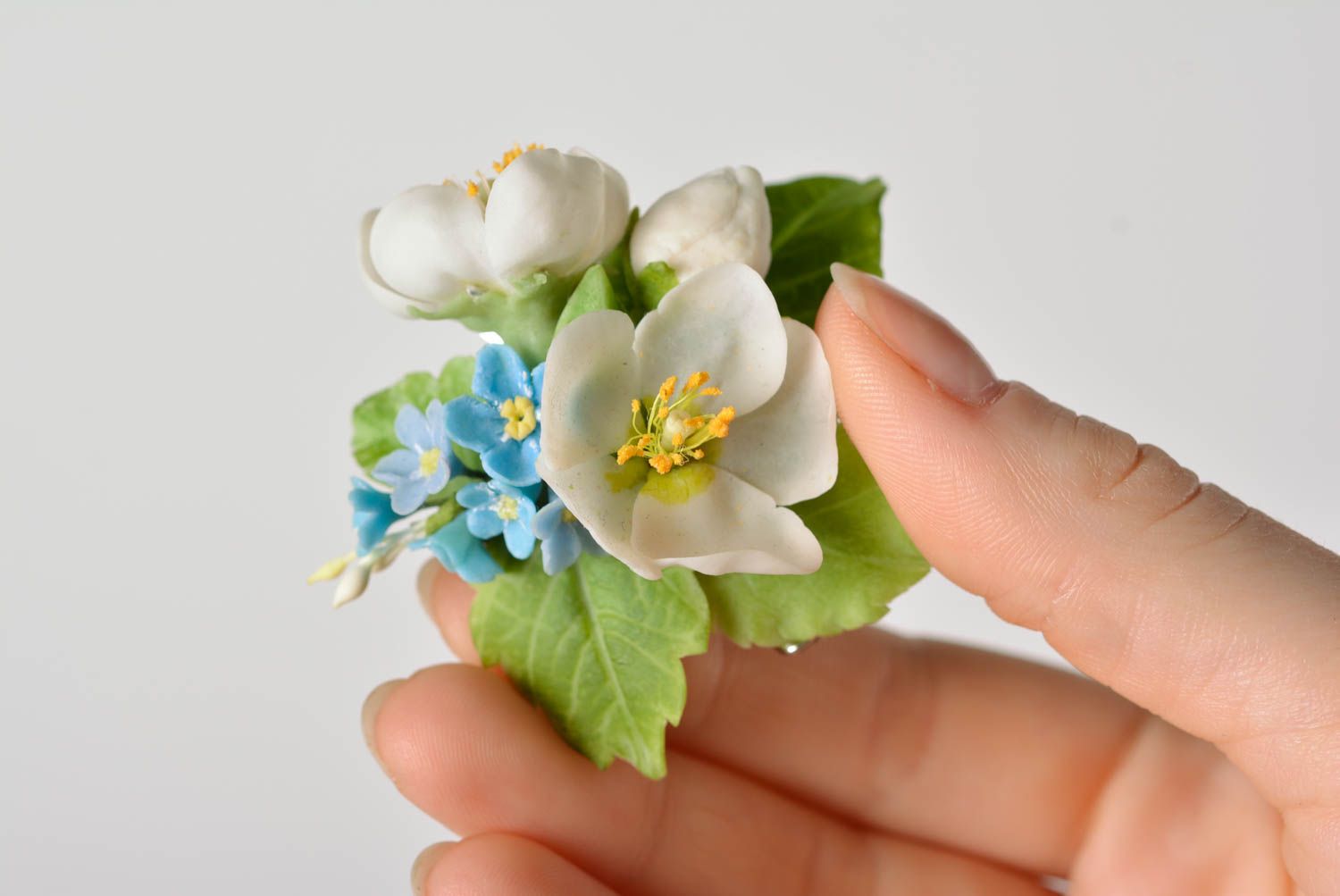 Handmade designer brooch with tender polymer clay white and blue flowers photo 1
