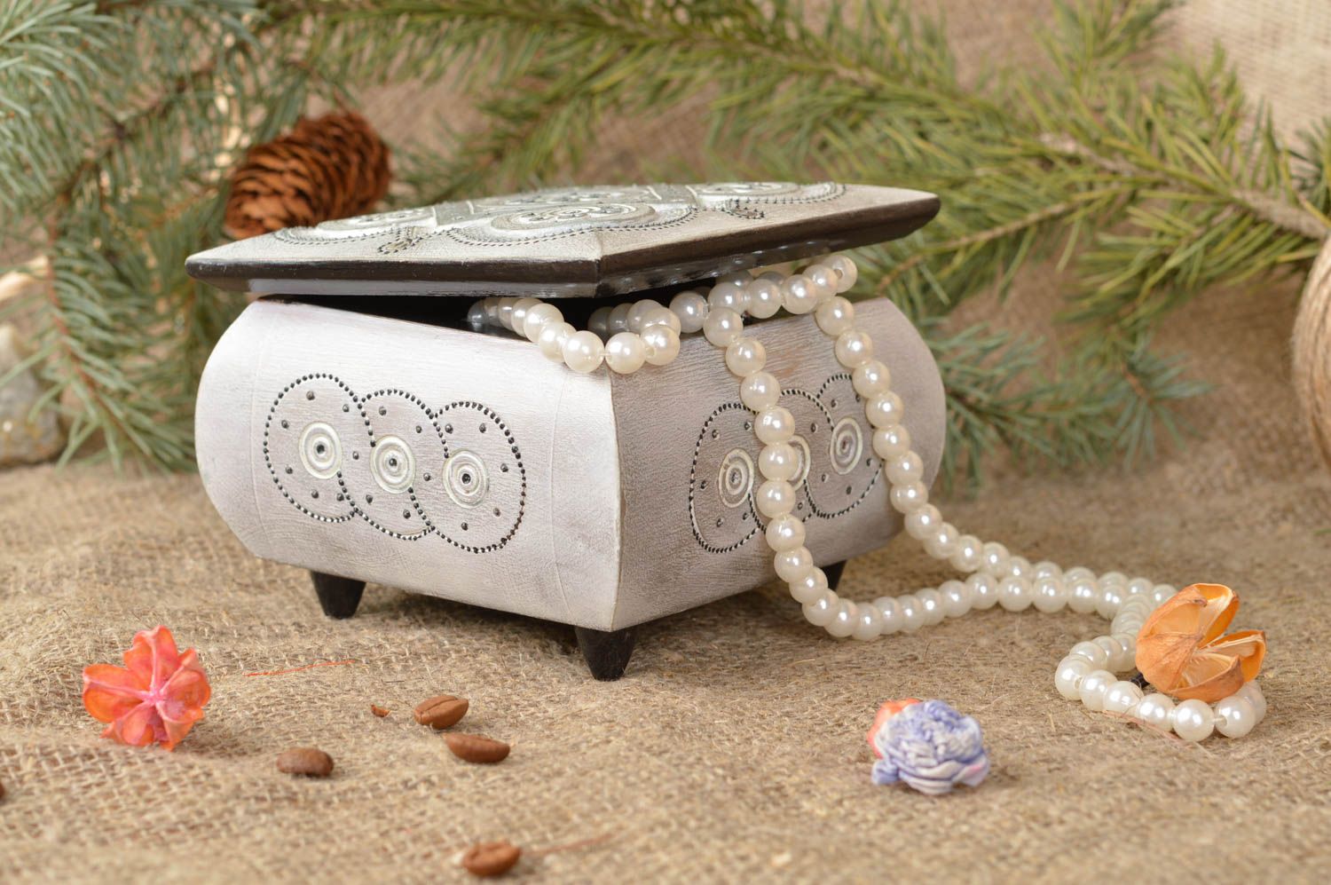 Light gray handmade designer square wooden jewelry box with dot painting photo 1