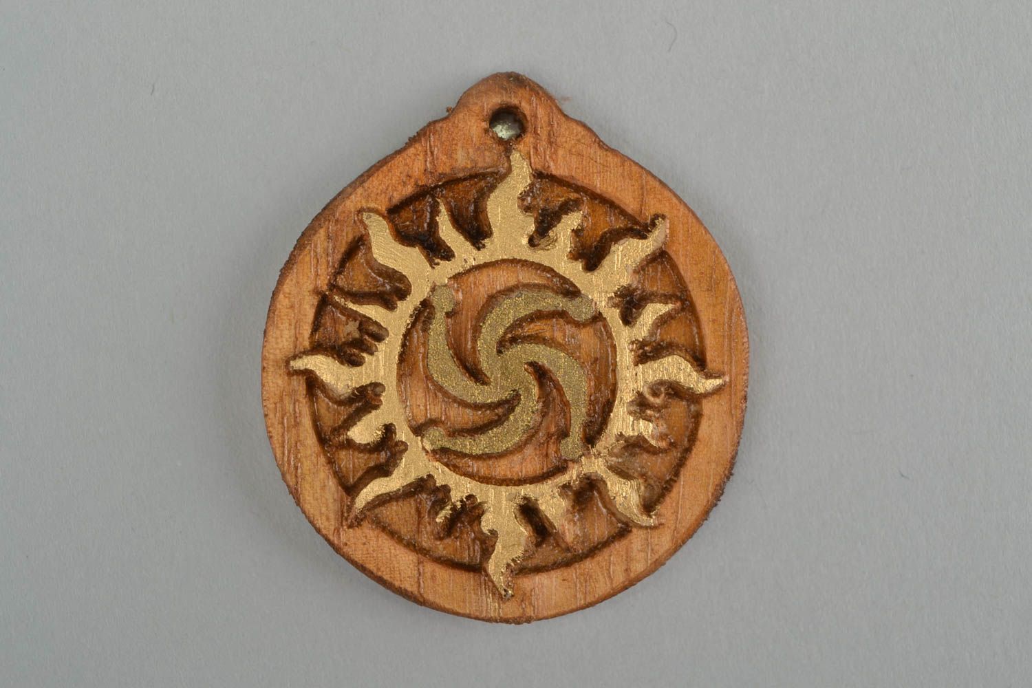 Slavonic beautiful handmade round pendant amulet made of wood Rod in the Sun photo 3