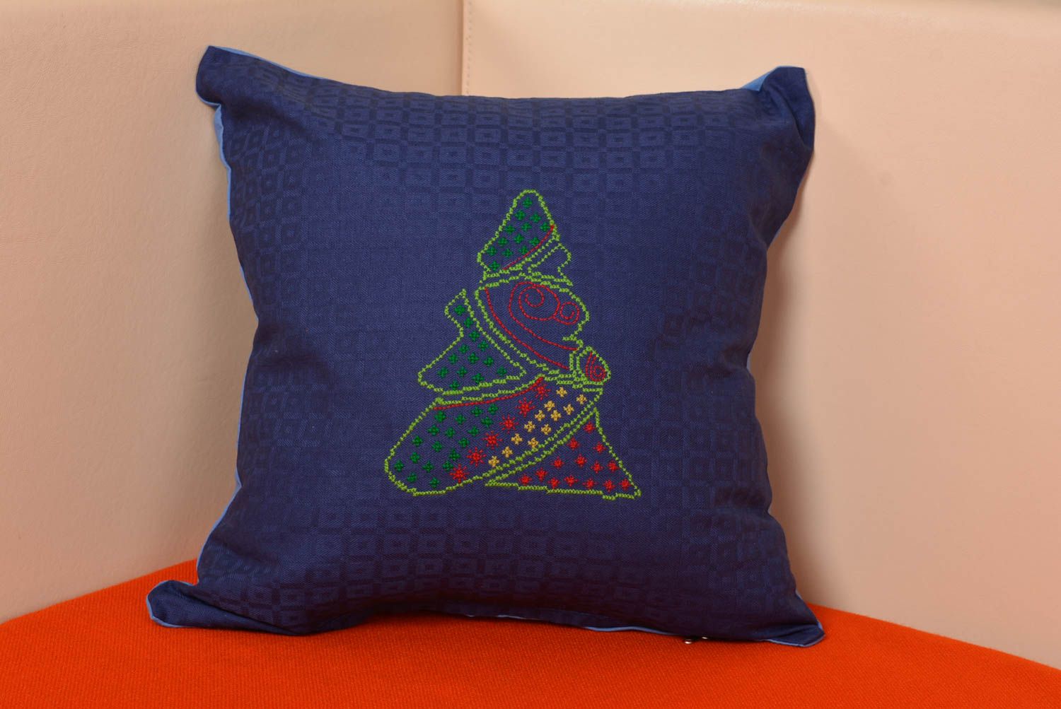 Handmade designer blue natural fabric pillow case with embroidery Christmas Tree photo 1