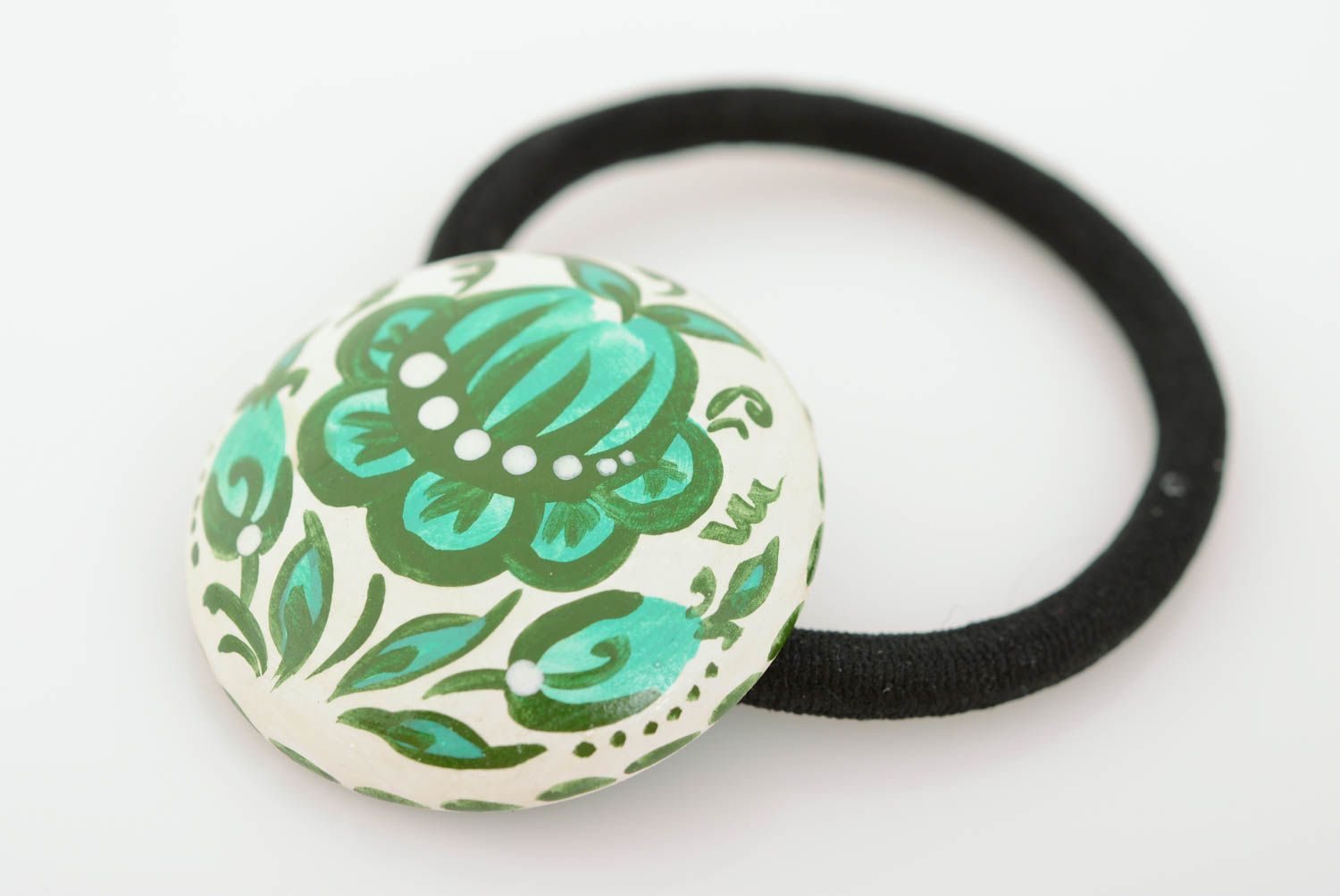 White and green handmade designer painted wooden hair tie photo 1