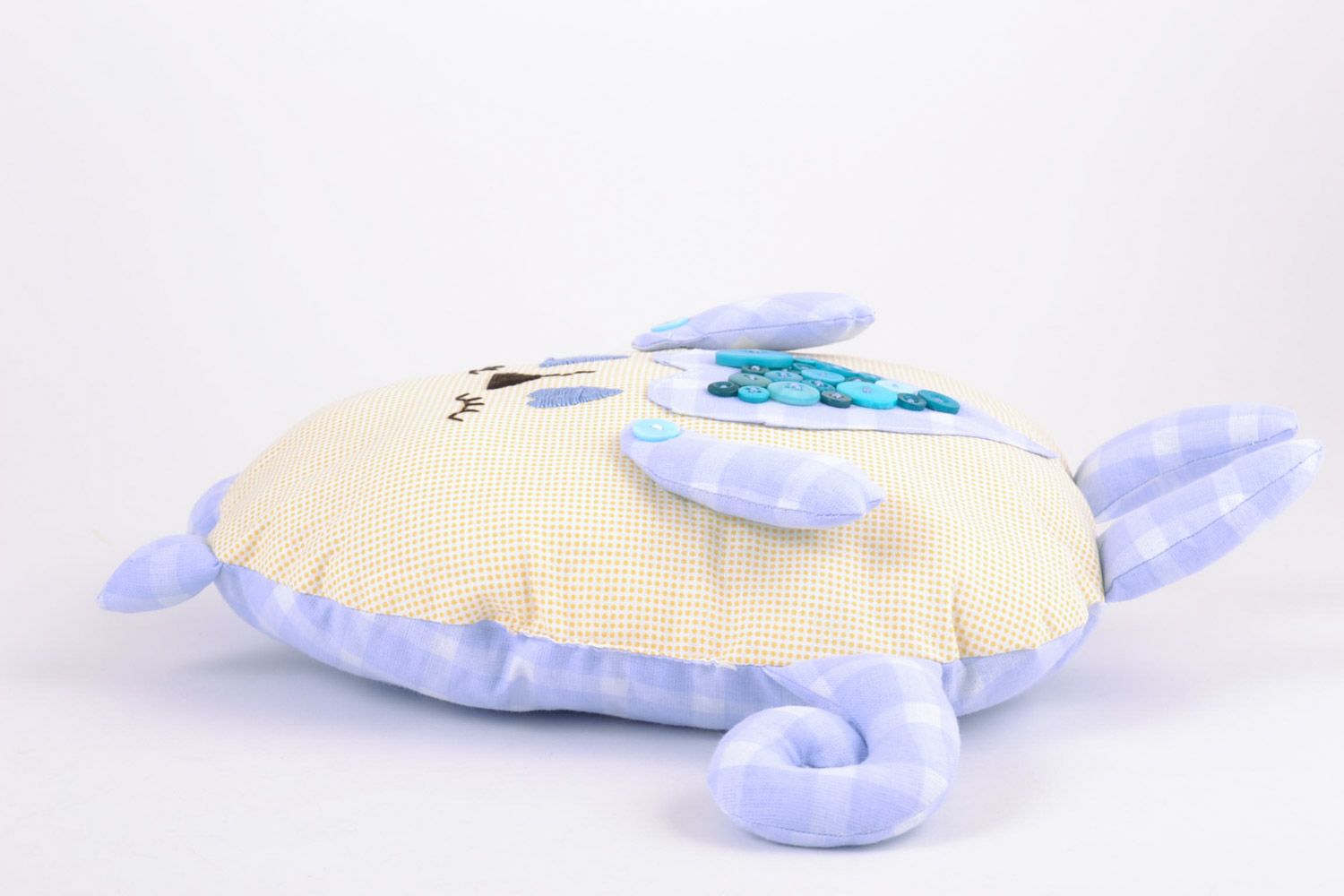 Handmade decorative soft pillow pet sewn of pink and blue fabric sleepy cat photo 4