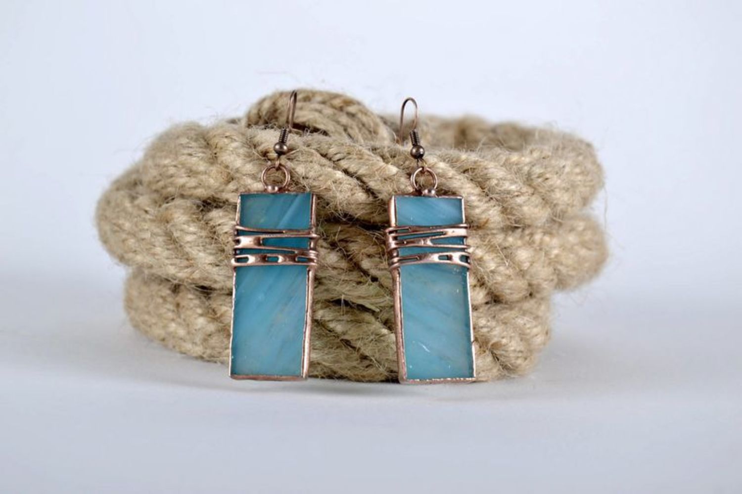 Stained glass long earrings made of copper and glass photo 3