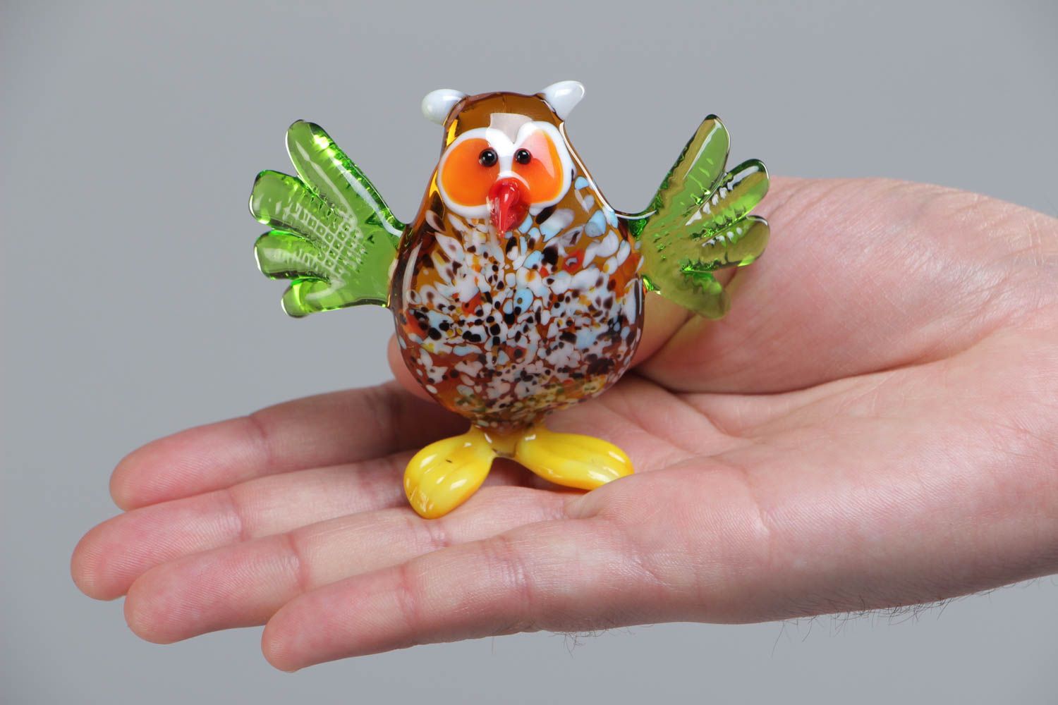 Handmade collectible lampwork glass miniature animal figurine of colorful owl photo 5