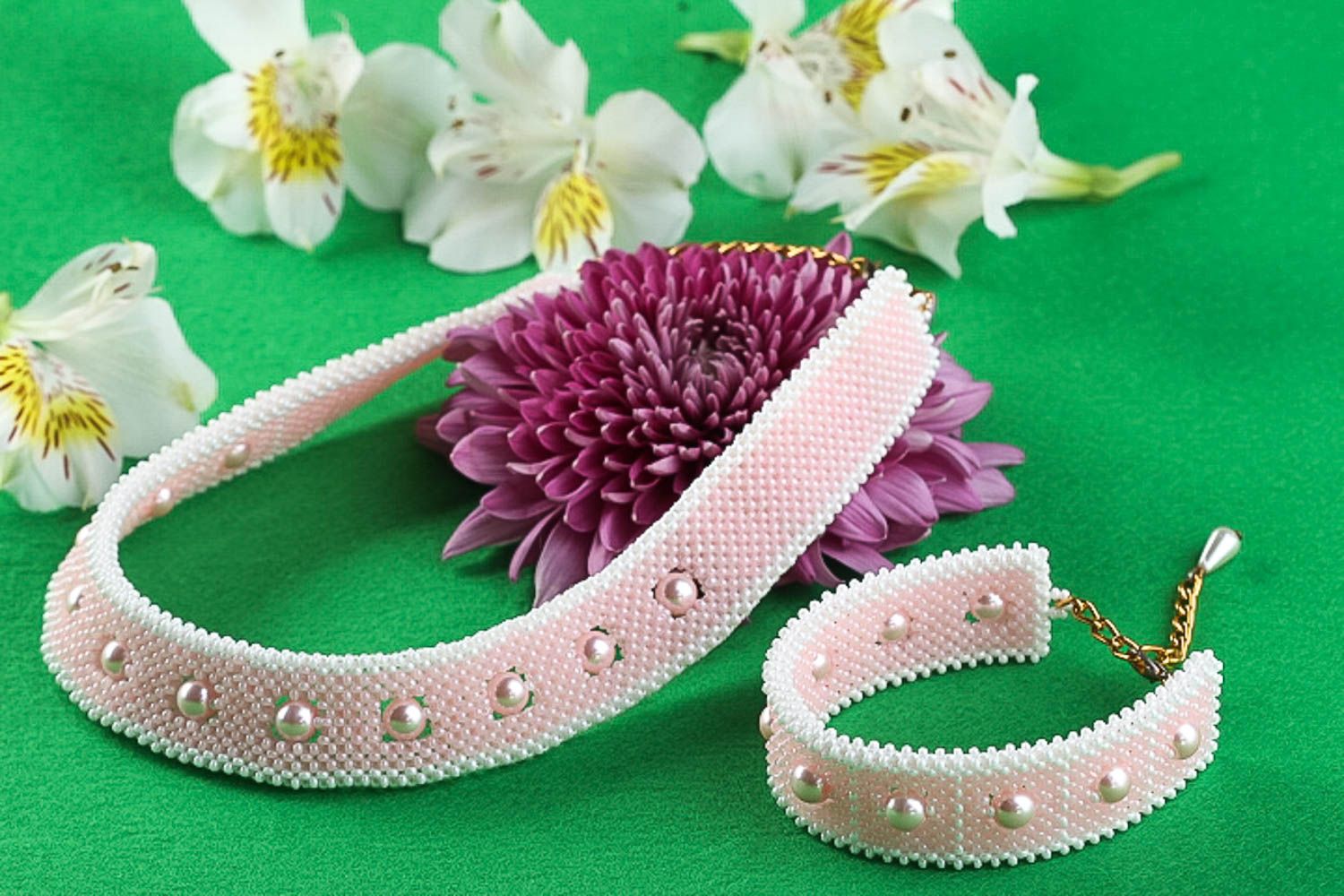 Handmade rosa Schmuck Set aus Glasperlen Collier Halskette Damen Armband  foto 1
