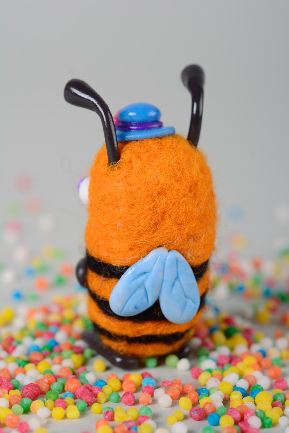Miniature felted toy made of natural wool Bee with polymer clay elements photo 4