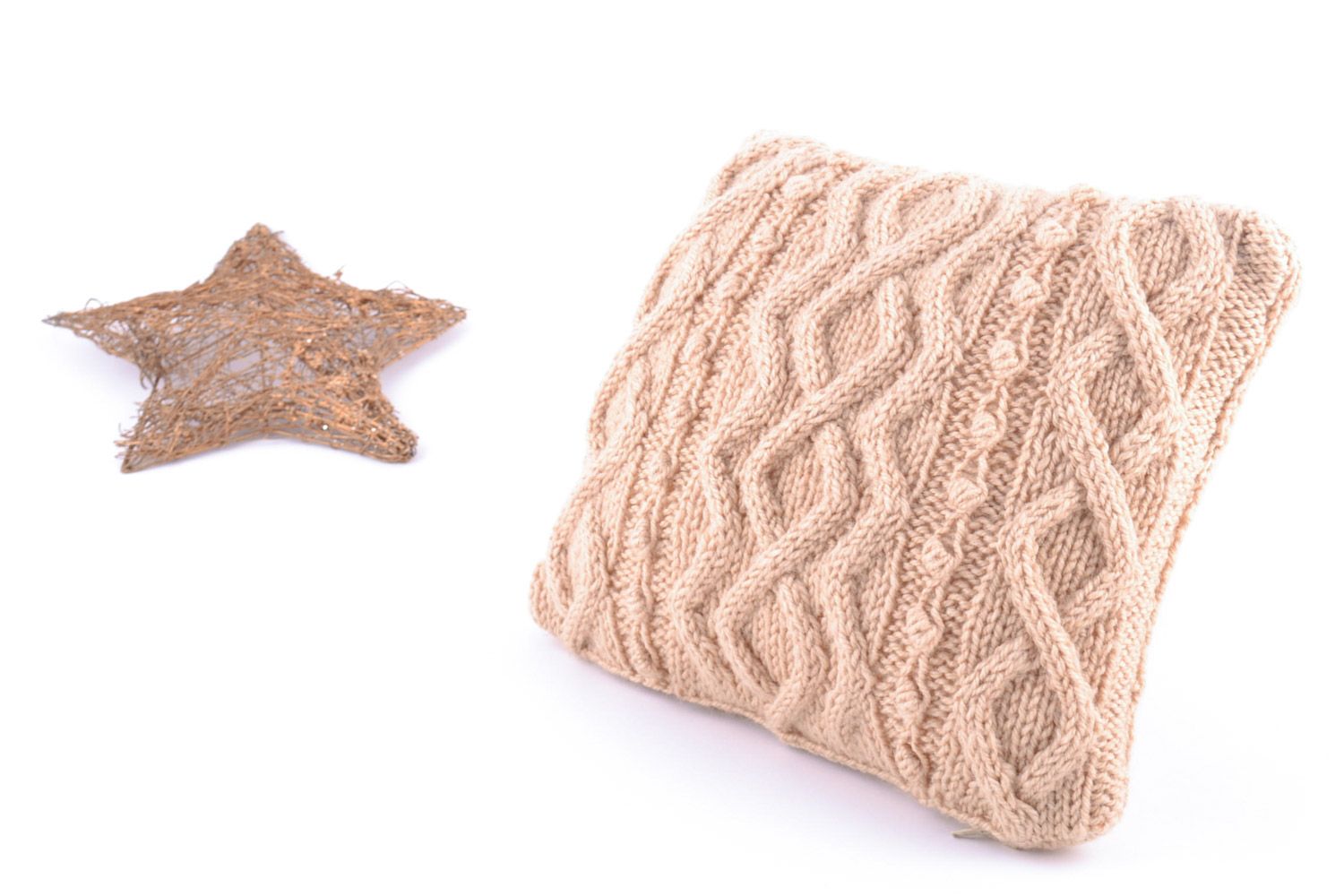 Small tender handmade throw pillow case knitted of beige semi-woolen threads  photo 1