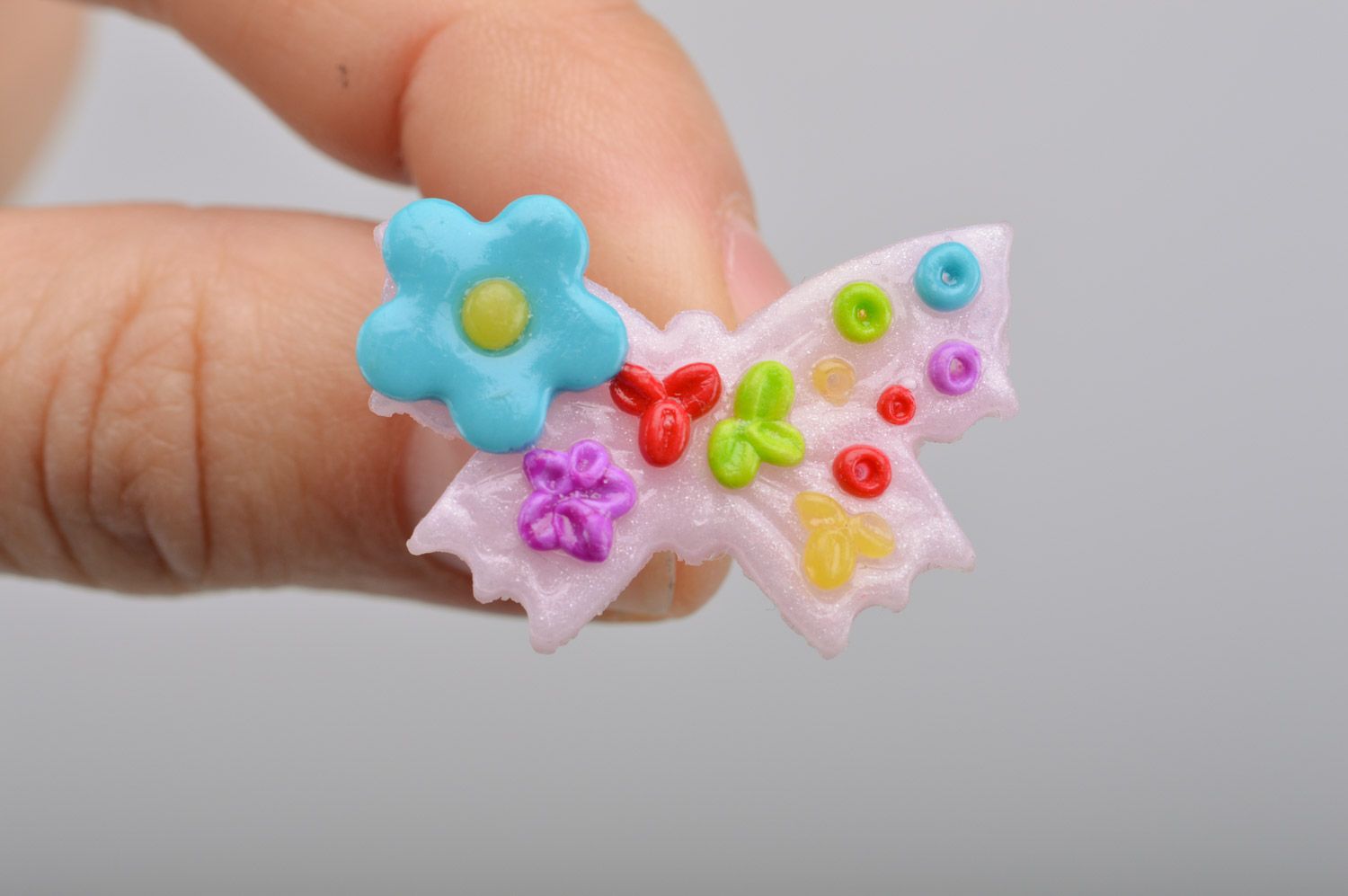 Bright multi-colored handmade polymer clay stud earrings with butterflies photo 1