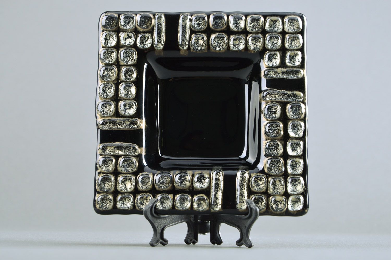Handmade elegant designer fused glass ashtray of square shape in black color photo 2