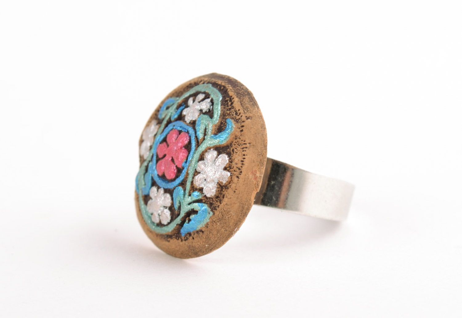 Глиняное кольцо с разъемной металлической фурнитурой расписное ручной работы фото 5