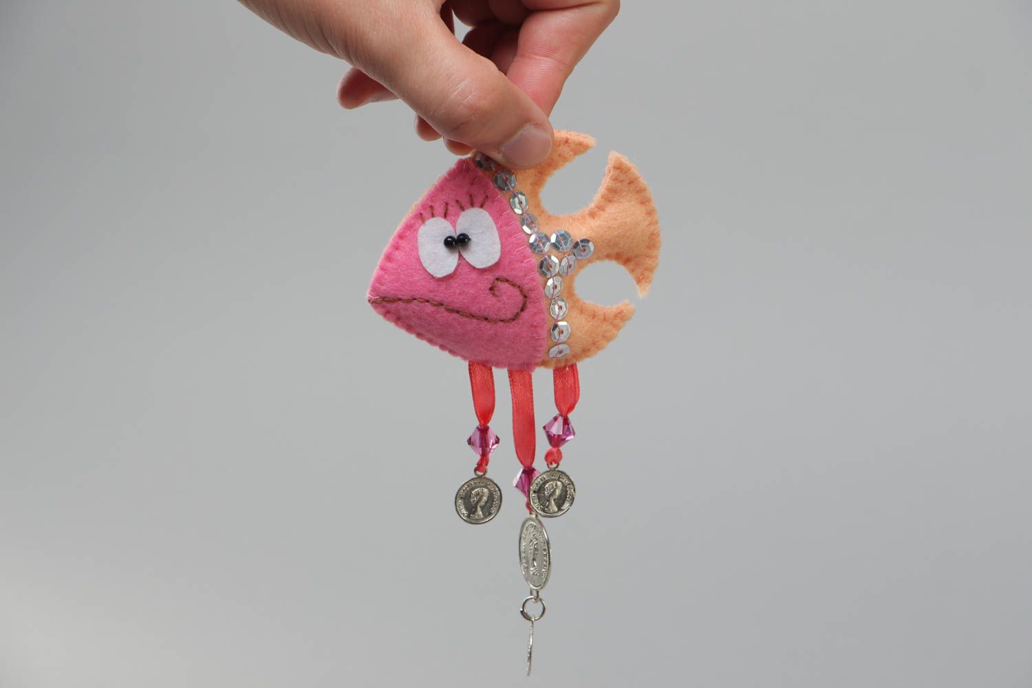 Handmade soft toy fridge magnet sewn of felt with beads and coins charms Fish photo 5