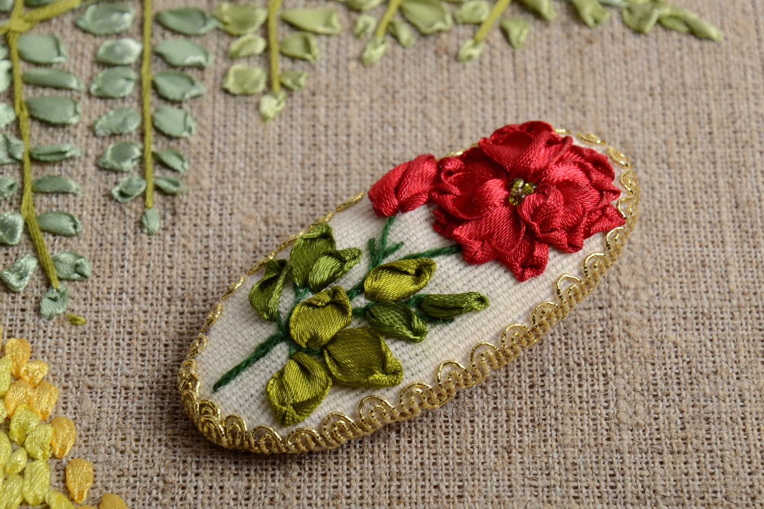 Handmade textile brooch with embroidered satin ribbon flowers Rose photo 1