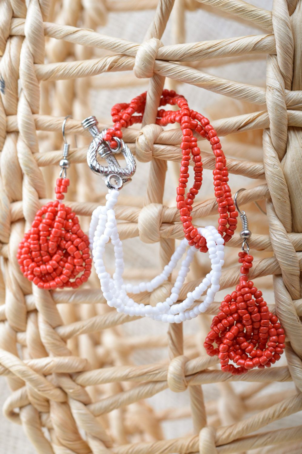Handmade beaded jewelry set white and red dangle earrings and bracelet with charm photo 5