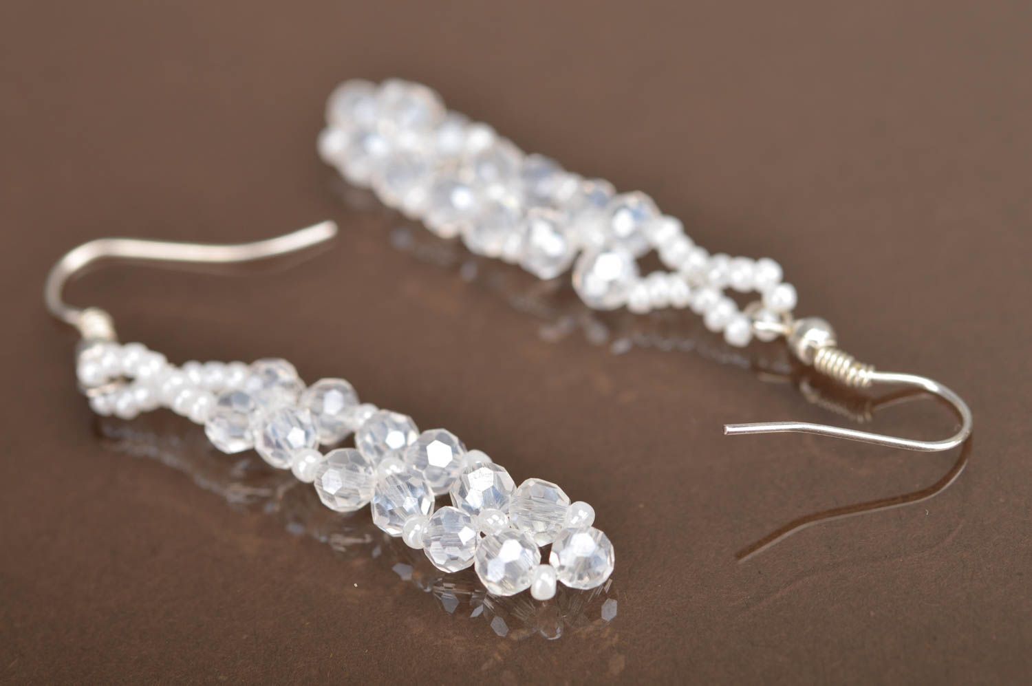 Exquisite handcrafted white long earrings made of Czech beads and crystal photo 5