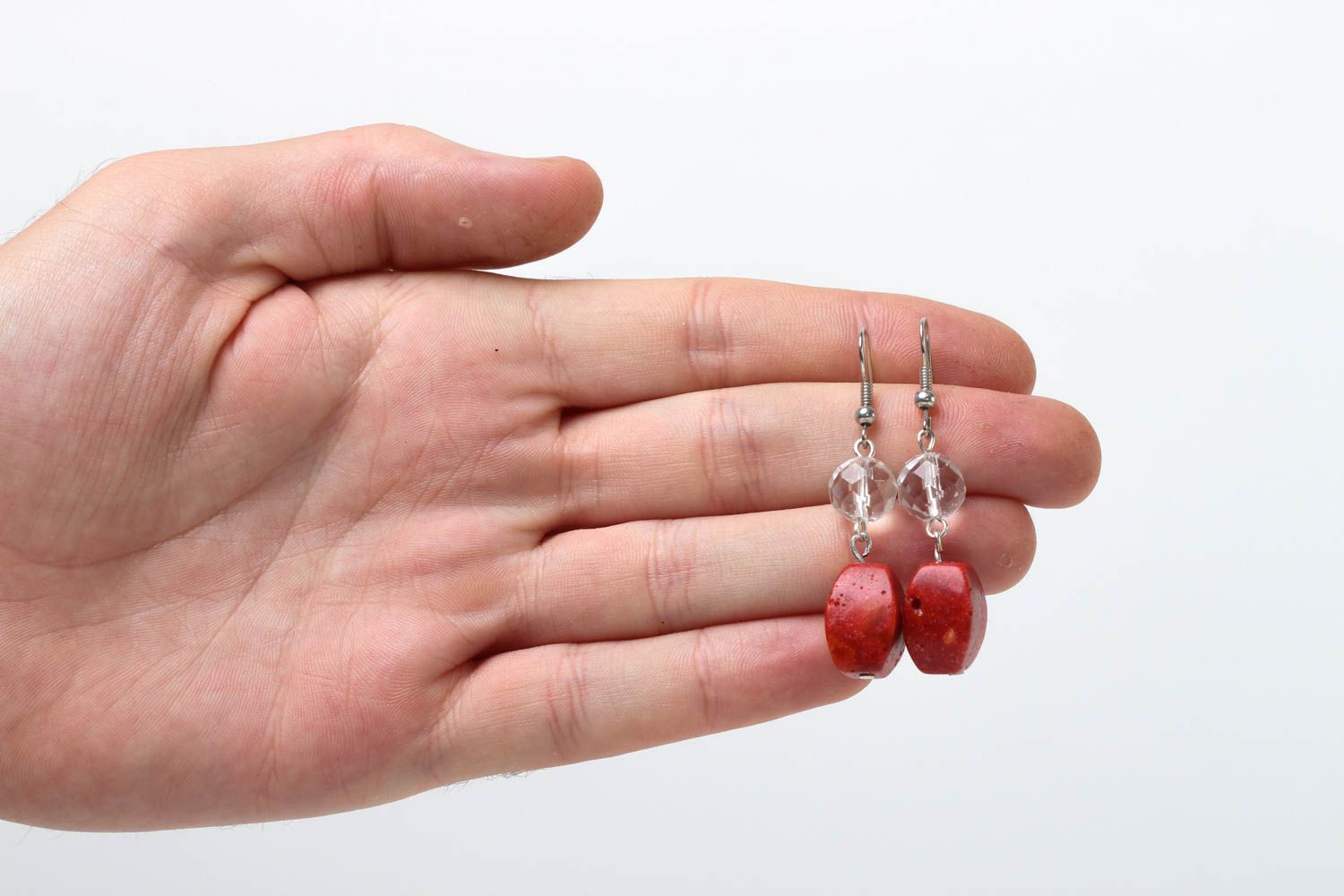 Boucles d'oreilles pendantes Bijou fait main rouges corail cristal Cadeau femme photo 5