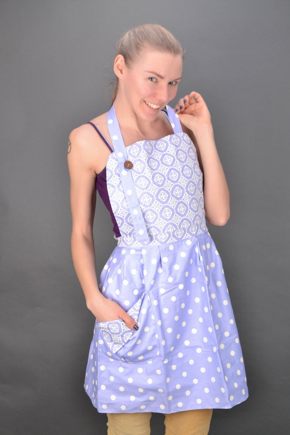 Blue polka dot fabric kitchen apron photo 2