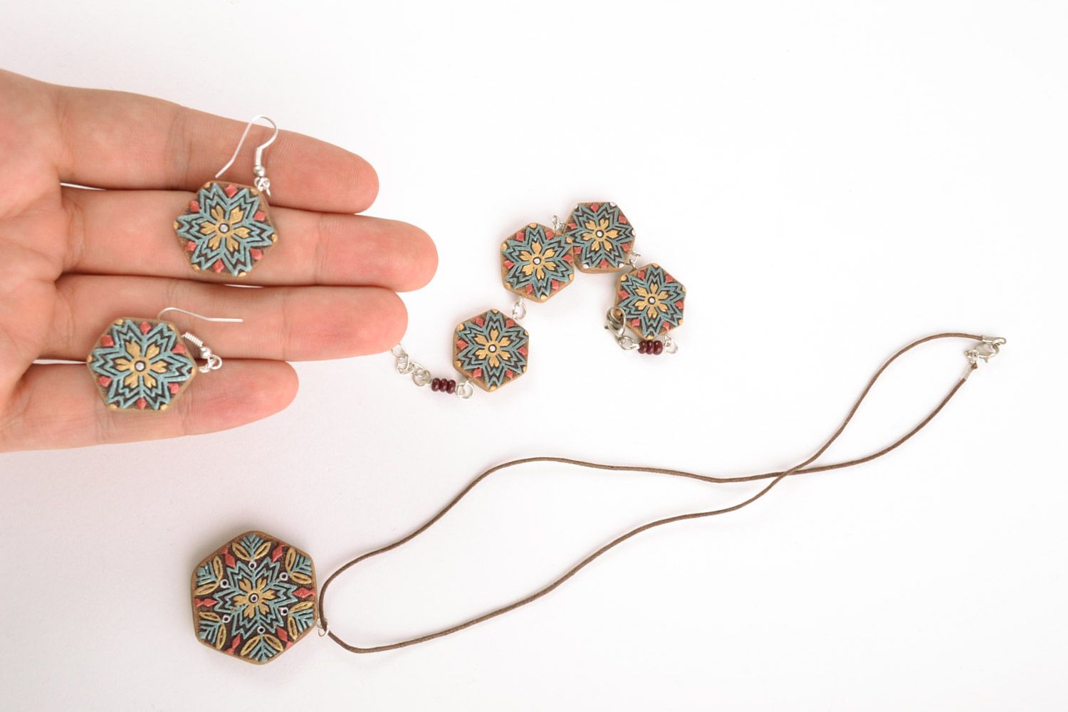 Set of handmade ethnic ceramic jewelry 3 items pendant earrings and bracelet photo 2