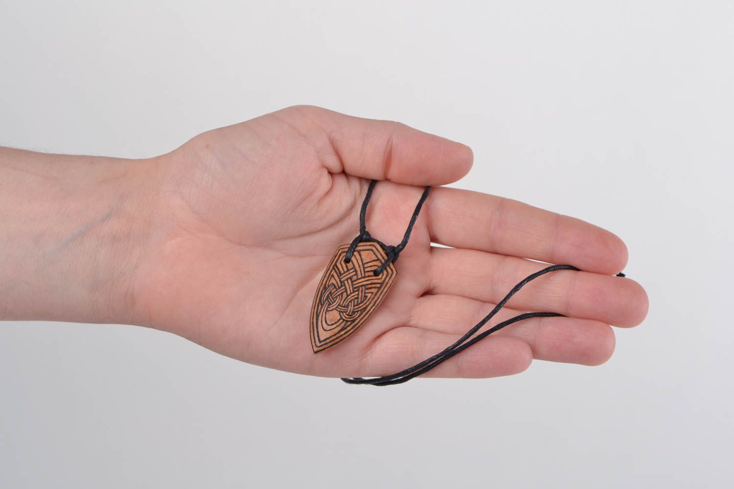 Beautiful designer handmade wooden neck pendant with pyrography on cord Shield photo 2