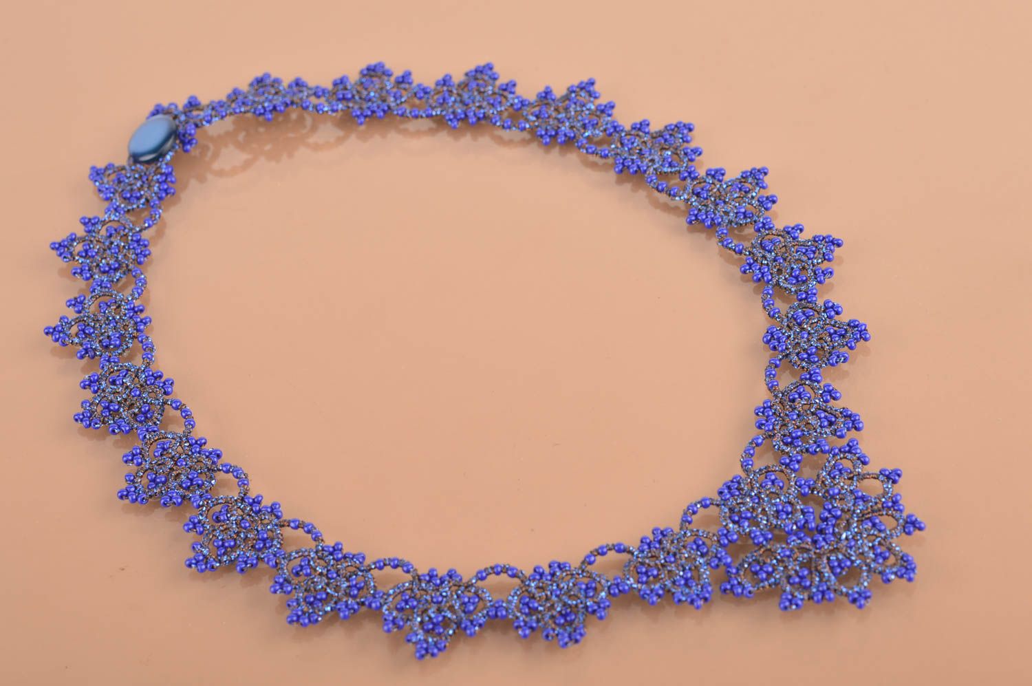 Beautiful blue handmade tatting necklace woven of satin threads with Czech beads photo 2