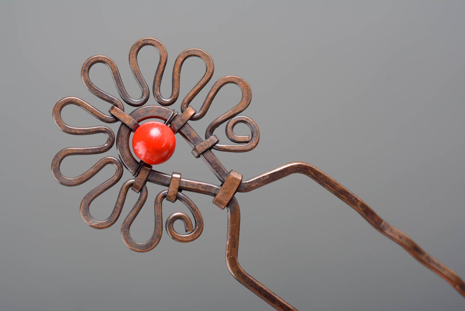 Handmade copper hairpin with red stone bead beautiful unusual hair accessories photo 2