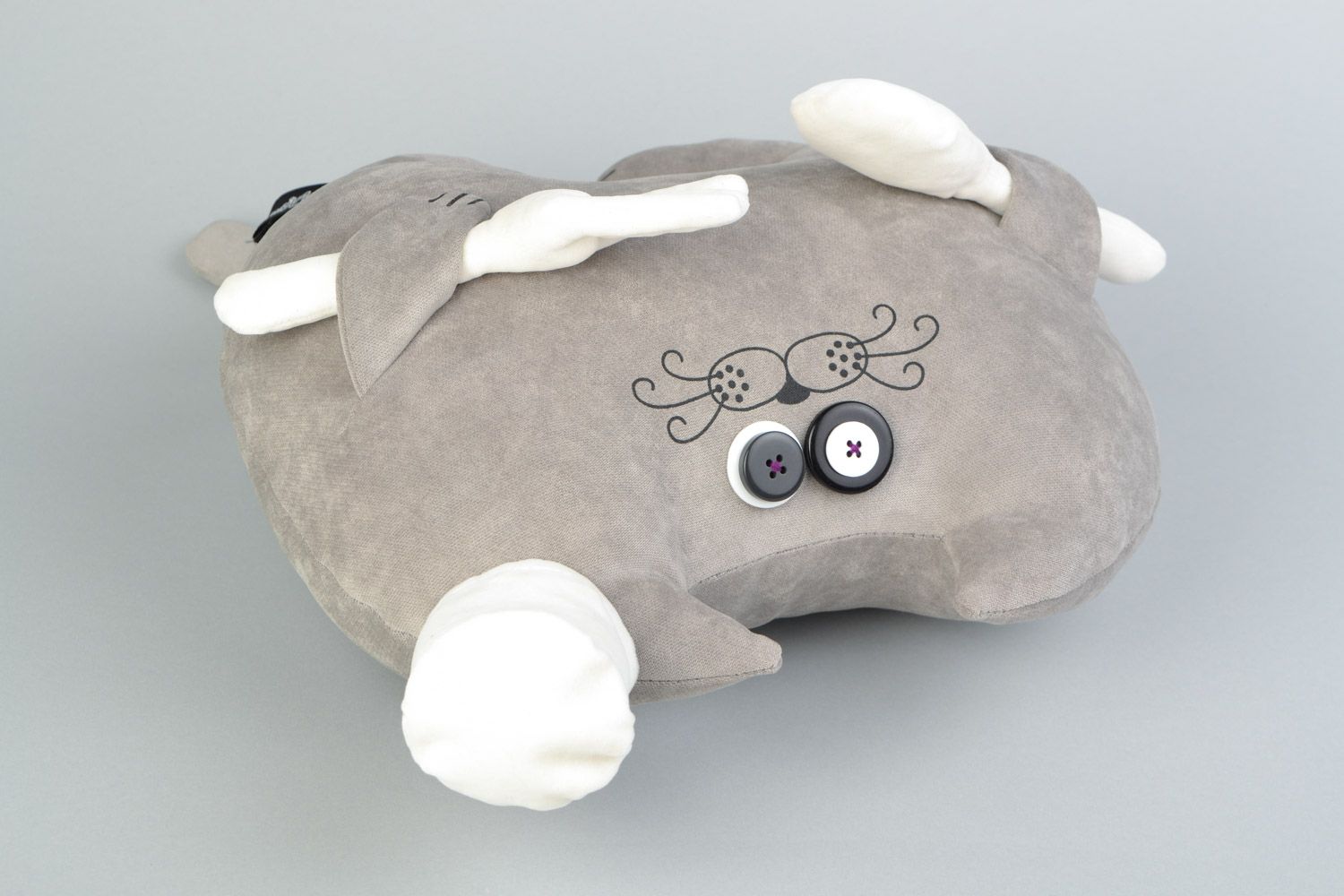Handmade interior toy cushion in the form of gray cat made of flock photo 5