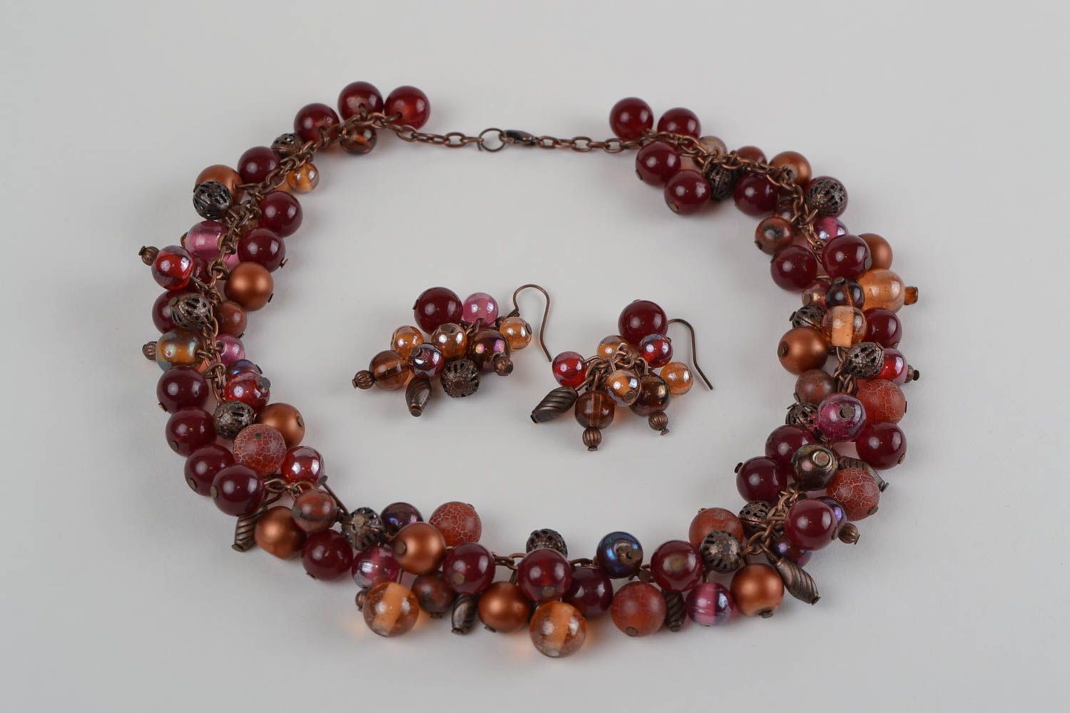 Handmade brown natural stone and glass beaded jewelry set necklace and earrings photo 3