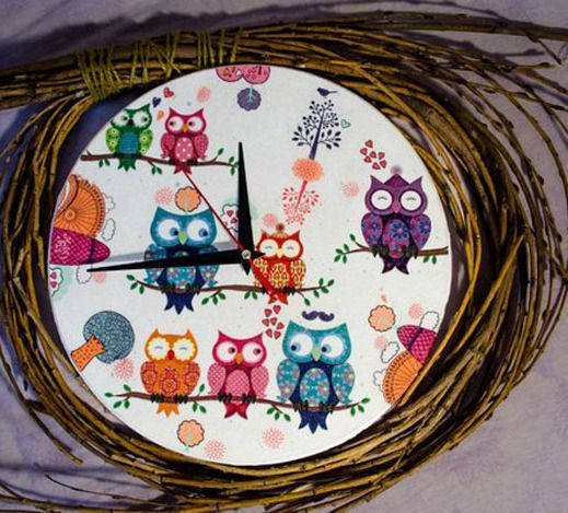 Handmade designer wall clock decorated using decoupage technique Funny Owls photo 1