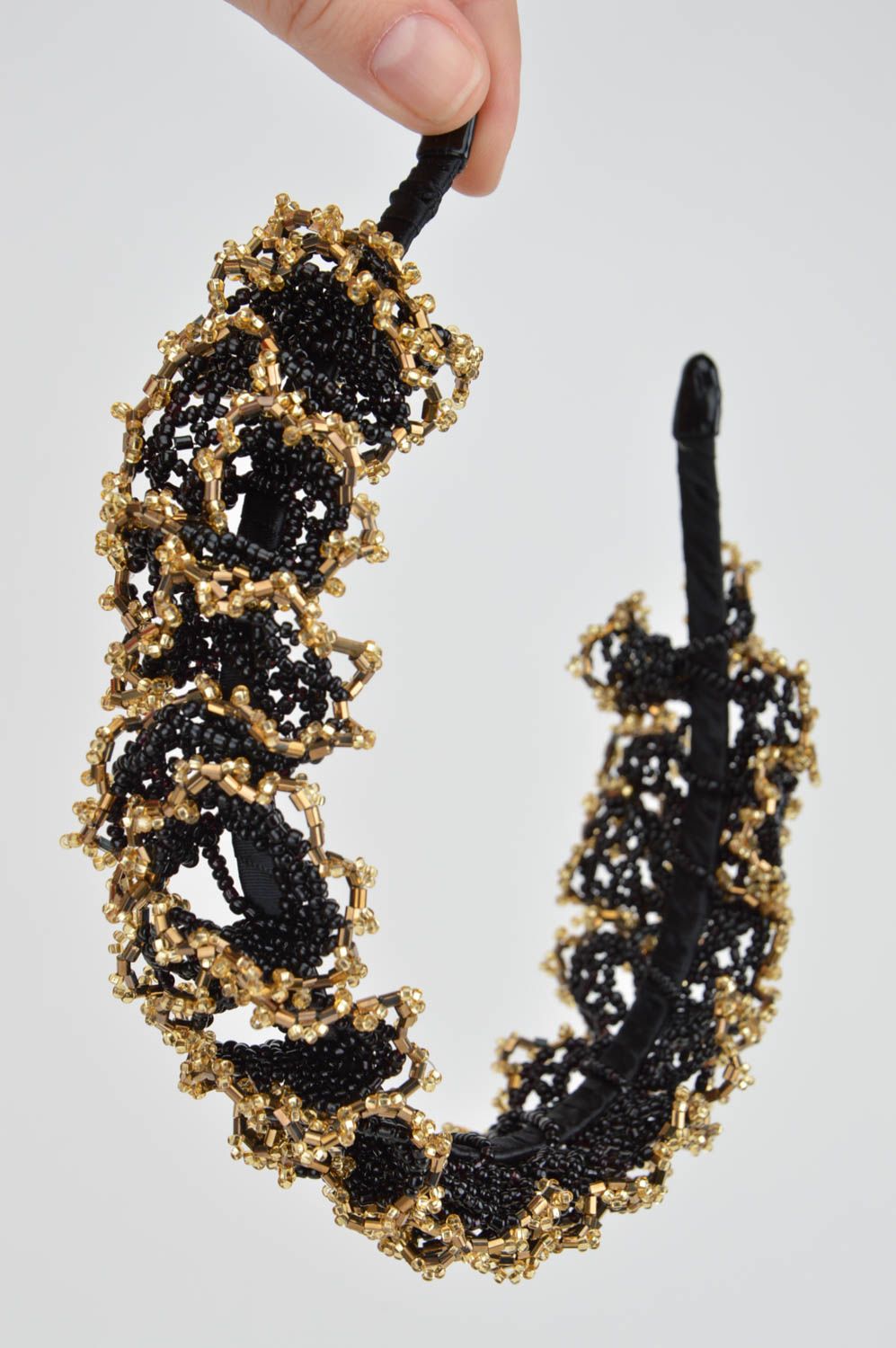Unusual beautiful handmade designer beaded headband of black and gold colors photo 3
